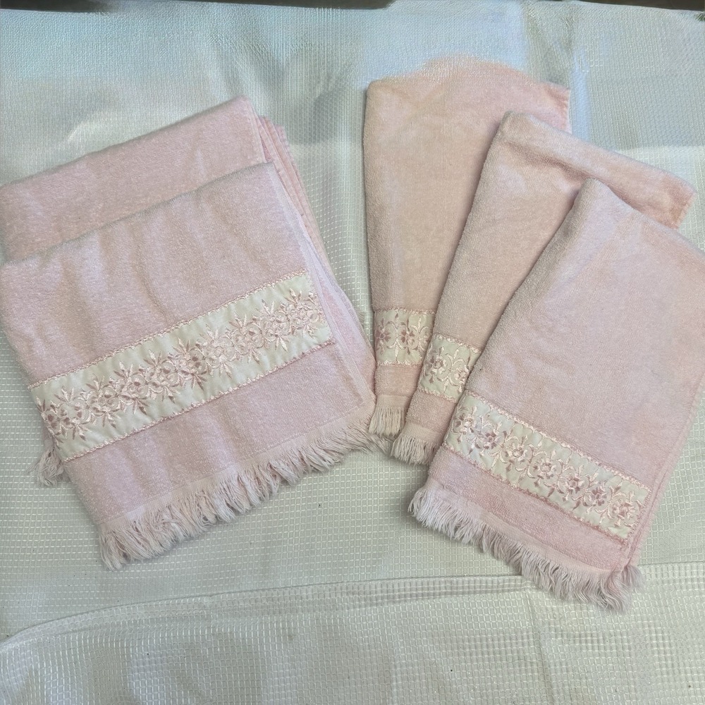 5 Vintage Cannon Royal Family Pink 3 Hand Towels 2 Bath Floral Fringe Cotton USA